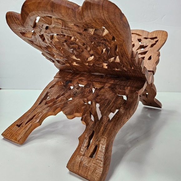 Hand Carved Wooden Book Holder Cookbook Stand Countertop Bohemian Boho India - Picture 8 of 12